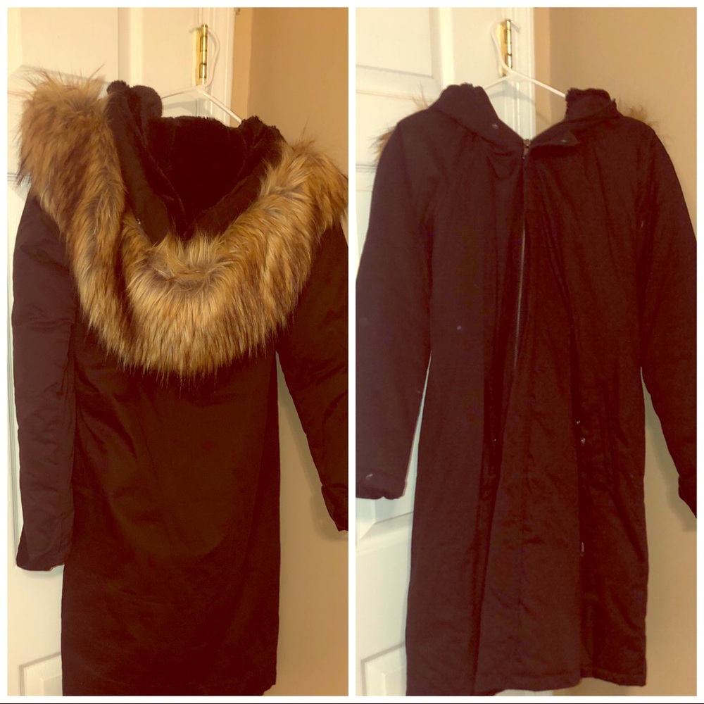 Warm faux fur inside black parka coat